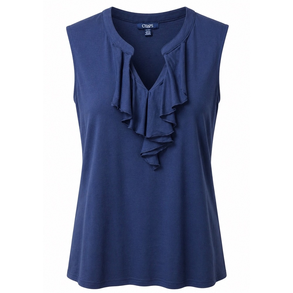 Chaps Women Navy Blue Ruffle V-Neck Sleeveless Knit Tank Top Plus Size 1X Casual